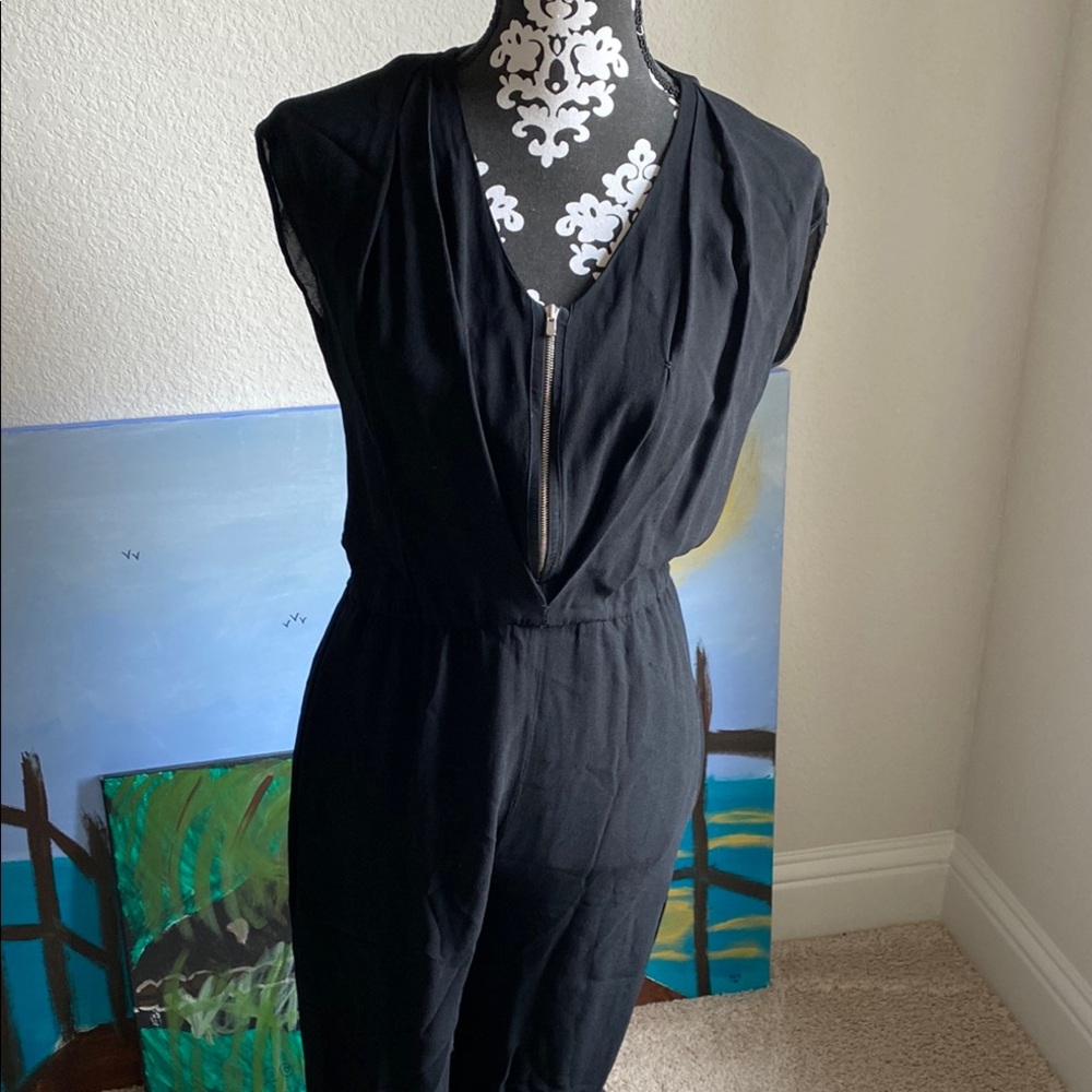 Sandro Black Jumpsuit with V-Neck and Cap Sleeves